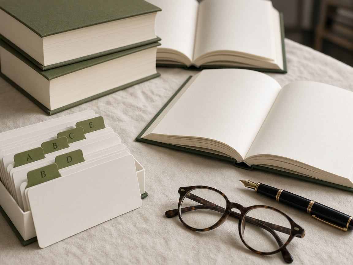 Open reference books and index cards on a warm cream research desk