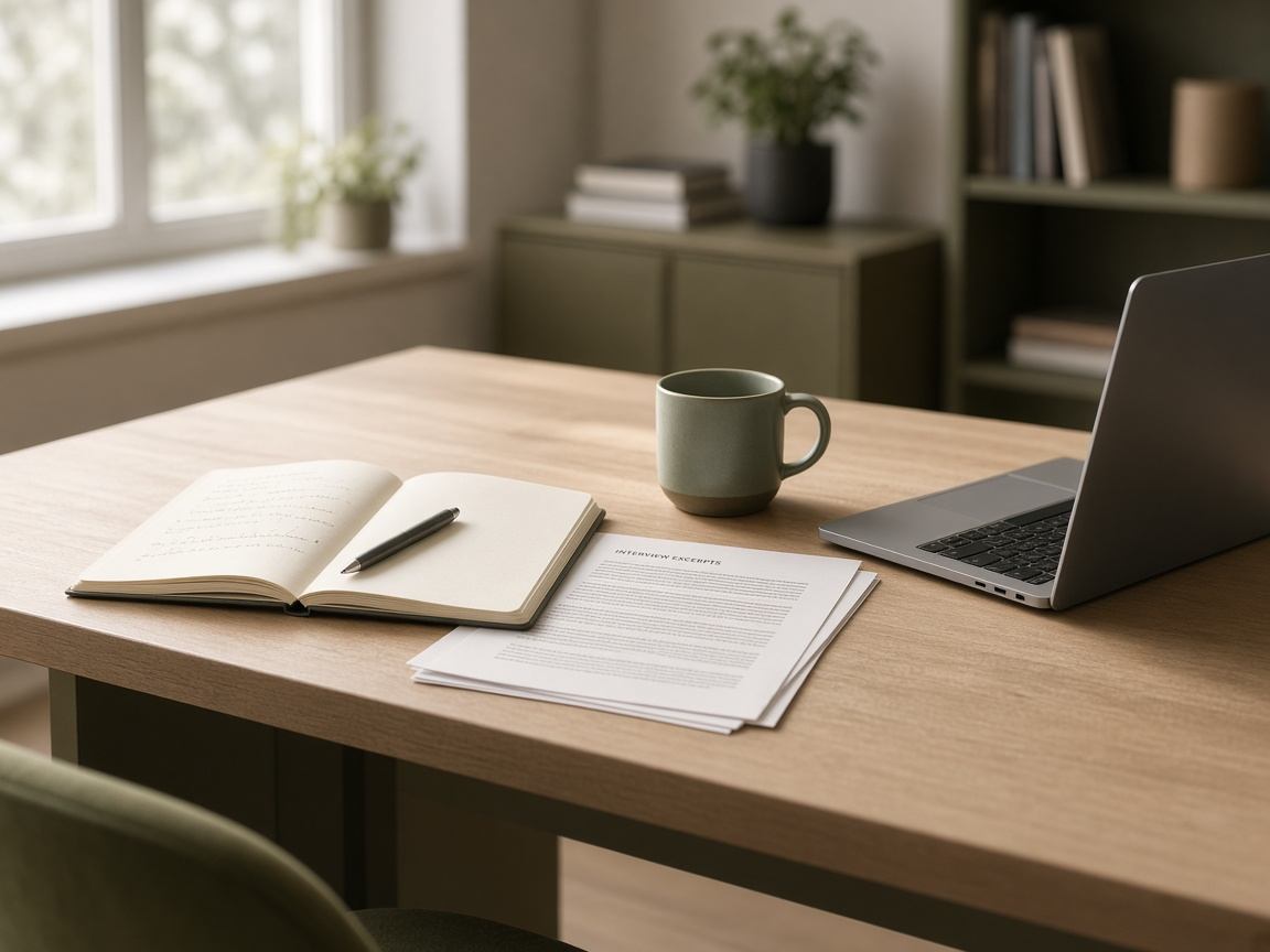 B2B research notebook and interview notes on a warm desk
