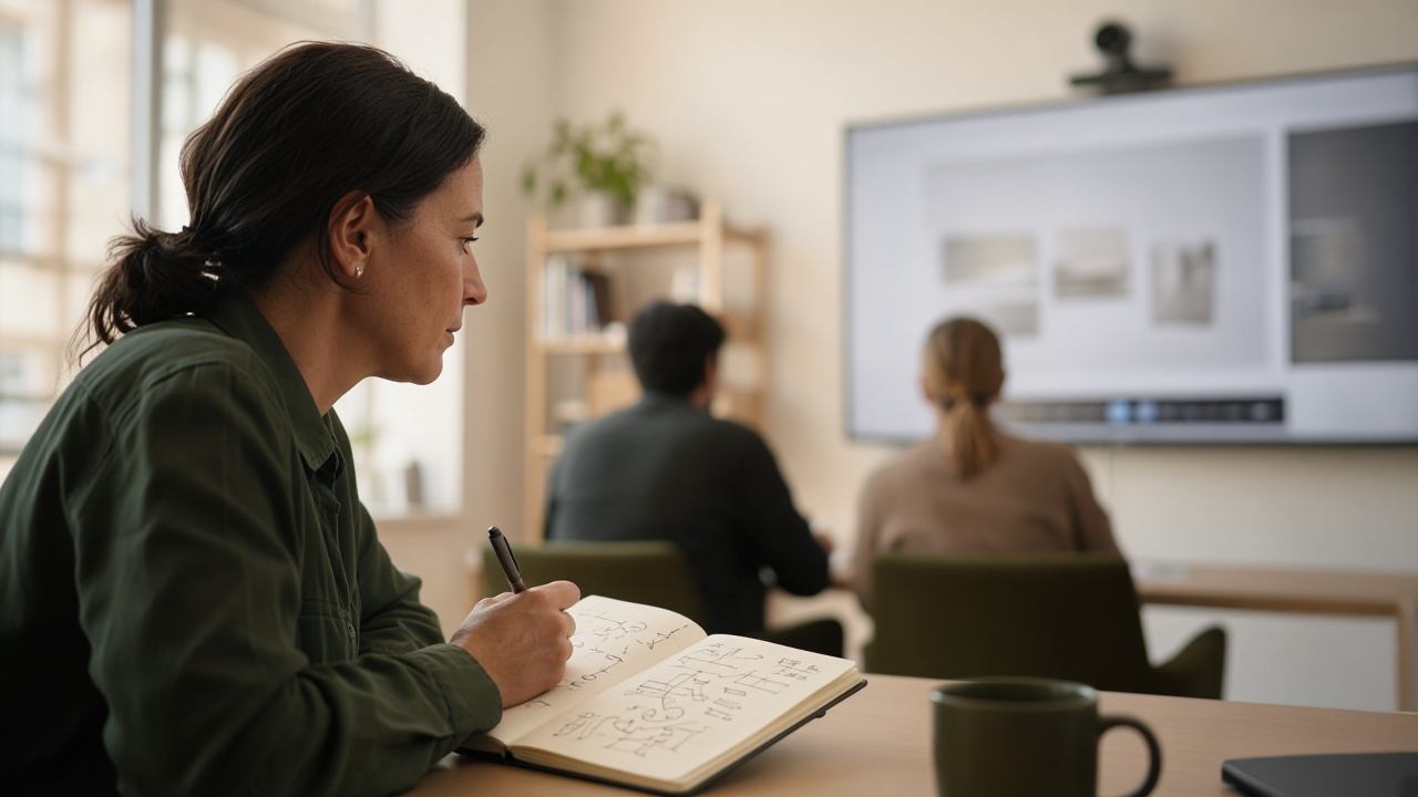 Researcher observing a B2B buyer workflow in a warm-lit office environment