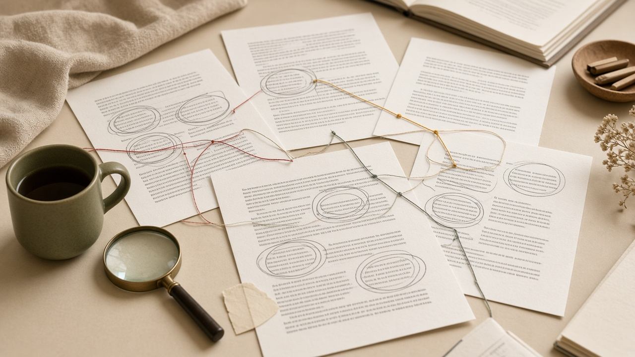 Qualitative pattern cards arranged on a cream workspace under warm light