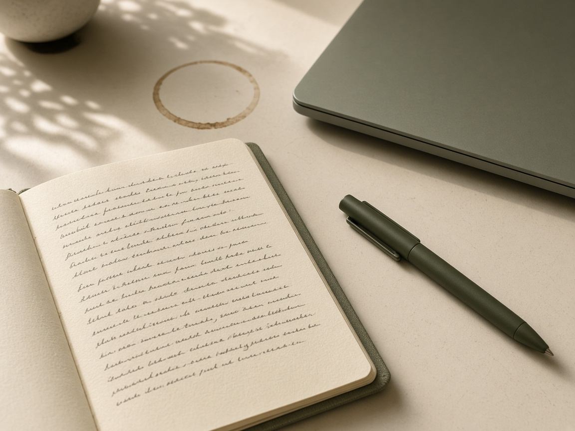 Handwritten field research notes beside a laptop on an olive cream desk