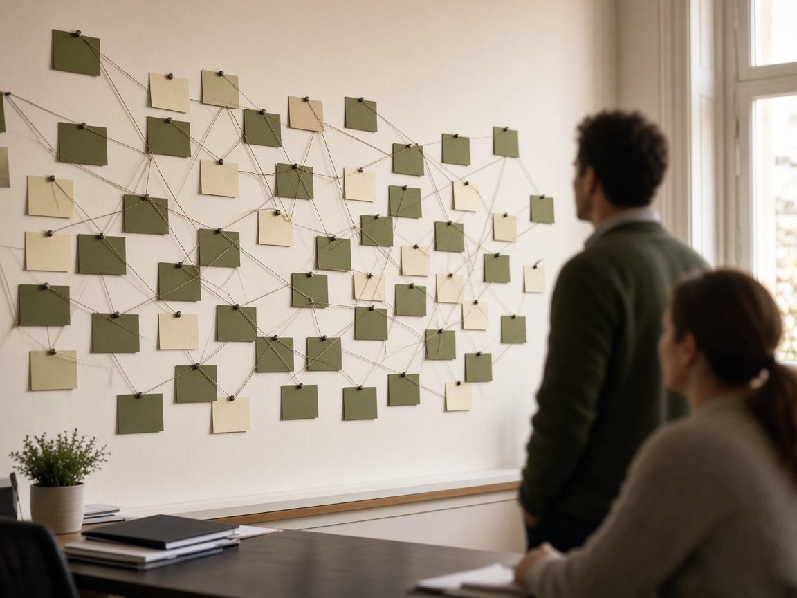Research team mapping Claude insight cards on a wall